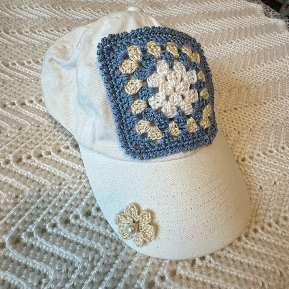 Upcycled Kids cap with hand crochet granny square